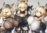  3girls :d alternate_breast_size animal_ear_fluff animal_ears arknights armor arms_behind_back aunt_and_niece bangs black_bow black_headwear black_legwear black_scarf black_shorts blemishine_(arknights) blonde_hair blue_eyes bow breast_press breastplate breasts closed_mouth eyebrows_visible_through_hair fang from_above fur_collar garrison_cap grey_background hair_between_eyes hair_bow hand_on_hip hat headset horse_ears horse_girl horse_tail huge_breasts kingdom_of_kazimierz_logo knee_pads long_hair looking_at_viewer melon22 multiple_girls nearl_(arknights) open_mouth orange_eyes ponytail scarf shiny shiny_hair shorts shoulder_armor siblings sidelocks sisters skin_fang smile standing tail thick_eyebrows thigh-highs torn_clothes tsurime v-shaped_eyebrows whislash_(arknights) white_armor 