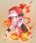  1boy baseball_cap brown_eyes brown_hair closed_mouth collarbone commentary_request fire hat highres holding holding_poke_ball jacket kashiwa_(kasshiwa10) male_focus poke_ball poke_ball_(basic) pokemon pokemon_(game) pokemon_frlg red_(pokemon) red_headwear short_hair smile solo upper_body wristband 