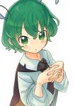  1girl antennae black_cape breasts cape collared_shirt commentary_request green_eyes green_hair highres holding_own_arm long_sleeves looking_at_viewer shirt short_hair simple_background sleeves_pushed_up small_breasts solo touhou upper_body usayoshi_(touhopu2) white_shirt wriggle_nightbug 
