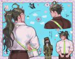  2boys alternate_hairstyle armband back bandaged_arm bandaged_hands bandages belt brown_pants bug butterfly commentary_request cowboy_shot dangan_ronpa_(series) dangan_ronpa_3_(anime) glasses gokuhara_gonta green_headwear green_neckwear hat insect long_hair long_sleeves looking_at_another male_focus mask multiple_boys pants ponytail red_eyes sara_(kurome1127) school_uniform shinguuji_korekiyo shirt sun sweatdrop translation_request twitter_username white_shirt 