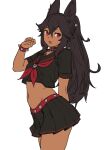  1girl :d animal_collar animal_ears bangs belt_collar black_sailor_collar black_shirt black_skirt bracelet breasts cerberus_(houtengeki) collar cropped_shirt crossed_bangs dark_skin dark-skinned_female eyebrows_visible_through_hair hair_between_eyes hand_up houtengeki jewelry long_hair looking_at_viewer miniskirt navel open_mouth original pleated_skirt ponytail red_eyes sailor_collar school_uniform serafuku shirt short_sleeves simple_background skirt small_breasts smile solo spiked_bracelet spikes white_background wolf_ears 