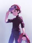  1boy badge baseball_cap bracelet brown_eyes brown_hair coat coat_removed commentary_request from_below gradient gradient_background grey_background hand_on_headwear hat highres holding_coat jewelry kashiwa_(kasshiwa10) male_focus pants parted_lips pokemon pokemon_(game) pokemon_masters_ex red_(pokemon) red_coat red_headwear short_hair signature solo sweat 