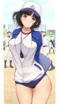  1girl 3boys arms_behind_back ass_visible_through_thighs baseball_cap baseball_uniform black_buruma black_hair buruma commentary_request cowboy_shot folder grey_eyes gym_shirt gym_uniform hat highres mole mole_on_neck multiple_boys nijisanji outdoors serizawa_(serizawaroom) shirt short_hair solo_focus sportswear stopwatch suzuka_utako t-shirt two-tone_jacket virtual_youtuber watch white_headwear white_shirt 