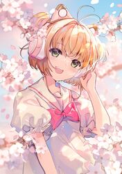  1girl :d adjusting_clothes adjusting_headwear animal_ear_headphones antenna_hair bangs blush brown_hair cardcaptor_sakura cherry_blossoms elise_(piclic) eyebrows_visible_through_hair frilled_sleeves frills green_eyes head_tilt headphones highres kinomoto_sakura looking_at_viewer open_mouth puffy_short_sleeves puffy_sleeves ribbon sailor_collar short_hair short_sleeves smile solo 