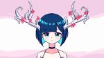  1girl :/ antlers aqua_hair bangs black_choker blunt_bangs blush bob_cut chibikki choker closed_mouth collarbone commentary_request disconnected_mouth eyebrows_visible_through_hair flower highres looking_at_viewer original pink_background pink_flower pixel_art portrait shiny shiny_hair short_hair solo spaghetti_strap 