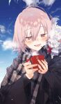  1girl :d blush chaldea_teatime clouds coffee_mug craft_essence creature creature_on_shoulder cup fate/grand_order fate_(series) fou_(fate) hair_between_eyes half-closed_eyes holding looking_at_another mash_kyrielight mug noco_(adamas) official_art on_shoulder open_mouth plaid plaid_scarf purple_hair scarf short_hair sky smile upper_body violet_eyes 