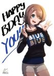  1girl acrylicstroke bangs birthday blue_eyes breasts brown_hair character_name collarbone commentary english_text happy_birthday long_sleeves love_live! love_live!_sunshine!! medium_breasts one_eye_closed short_hair short_shorts short_twintails shorts sidelocks solo twintails watanabe_you 