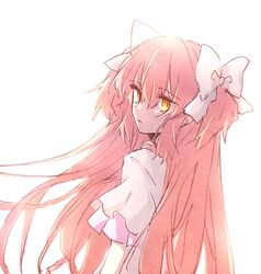  1girl arm_at_side backlighting blurry depth_of_field dutch_angle expressionless eyebrows_visible_through_hair goddess_madoka hair_between_eyes hair_ribbon half-closed_eyes highres jitome kaname_madoka layered_sleeves long_hair looking_at_viewer looking_back mahou_shoujo_madoka_magica panko_(6479561) parted_lips pink_hair ribbon shaded_face simple_background solo two_side_up upper_body very_long_hair white_background white_ribbon wide_sleeves yellow_eyes 