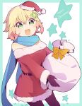  1girl absurdres alternate_costume bafarin black_gloves blonde_hair blue_scarf dress flower fur-trimmed_dress fur_trim gabriel_dropout gift_bag gloves green_eyes green_flower hair_flower hair_ornament happy hat highres long_sleeves looking_at_viewer merry_christmas pantyhose red_dress santa_costume santa_hat scarf short_dress solo starry_background strapless strapless_dress tapris_chisaki_sugarbell tapris_sugar_step white_background 