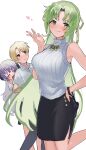  1boy 2girls absurdres black_skirt blonde_hair closed_eyes eyebrows_visible_through_hair green_eyes green_hair hair_ribbon hand_on_hip hanyuu heart highres higurashi_no_naku_koro_ni horns houjou_satoshi jewelry leg_up long_hair multiple_girls oici_ne purple_hair ribbon shirt short_hair simple_background skirt sleeveless sleeveless_turtleneck sonozaki_shion sweater taser turtleneck turtleneck_sweater violet_eyes white_background white_shirt yellow_ribbon 