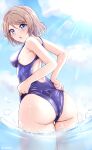  1girl absurdres ass blue_eyes blue_sky blue_swimsuit brown_hair clouds commentary_request competition_swimsuit day from_behind highres linatai looking_at_viewer looking_back love_live! love_live!_sunshine!! one-piece_swimsuit outdoors short_hair sky soaking_feet solo sun swimsuit watanabe_you water wet wet_clothes wet_swimsuit 