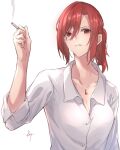  1girl aozaki_touko bangs cigarette collarbone collared_shirt highres holding holding_cigarette jewelry kara_no_kyoukai knt02142769 looking_at_viewer necklace parted_lips pendant ponytail red_eyes redhead shirt sidelocks signature simple_background sleeves_rolled_up smoke solo upper_body white_background white_shirt 