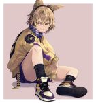  1girl bangs blonde_hair contemporary earmuffs highres jacket jichou_senshi product_placement shoes short_hair shorts smirk sneakers socks solo thighs touhou toyosatomimi_no_miko yellow_eyes 