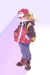  1boy adapted_costume backpack bag baseball_cap boots breath brown_eyes brown_footwear brown_hair coat cold commentary_request gen_1_pokemon hands_in_pockets hat highres kashiwa_(kasshiwa10) legs_together male_focus pants pikachu pokemon pokemon_(creature) pokemon_(game) pokemon_frlg pokemon_on_back red_(pokemon) red_headwear short_hair snowing standing yellow_bag 