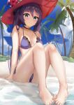    1girl :3 absurdres arm_support ass bare_arms bare_shoulders barefoot beach bikini black_choker blue_eyes breasts choker collarbone day feet genshin_impact halterneck hat highres knees_up long_hair looking_at_viewer medium_breasts mona_(genshin_impact) outdoors purple_bikini purple_hair side-tie_bikini sitting skai_kun smile solo string_bikini sunlight swimsuit thighs twintails very_long_hair water wet witch_hat 