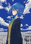  1girl absurdres bangs black_jacket blazer blue_eyes blue_hair blurry bow bowtie building ciel_(tsukihime) clouds collared_shirt commentary_request day depth_of_field fence from_side glasses green_neckwear highres jacket looking_at_viewer school_uniform shirt short_hair sky solo standing tsukihime tsukihime_(remake) upper_body vest white_shirt xtango yellow_vest 