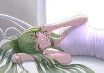  1girl bangs bed_sheet c.c. closed_mouth code_geass green_hair harupuri913 highres long_hair looking_at_viewer lying on_back pillow shirt sleeveless sleeveless_shirt solo straight_hair very_long_hair white_shirt yellow_eyes 