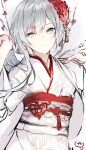  1girl bad_id bad_pixiv_id closed_mouth expressionless flower fukuda935 grey_eyes hair_bun hair_flower hair_ornament japanese_clothes kimono looking_at_viewer short_hair sidelocks signature sinoalice sketch snow_white_(sinoalice) solo tree_branch 