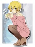  1girl apex_legends blonde_hair blue_eyes brown_footwear coffee cup from_side hair_behind_ear high_heels highres holding holding_cup looking_at_viewer mozuwaka mug off_shoulder pink_sweater scar scar_on_arm scar_on_cheek scar_on_face short_hair smile solo squatting sweater wattson_(apex_legends) 