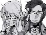  1boy 1girl apex_legends bangs bespectacled bright_pupils close-up crypto_(apex_legends) eyebrows_visible_through_hair glasses greyscale hair_behind_ear head_tilt highres lichtenberg_figure looking_at_viewer looking_to_the_side monochrome mozuwaka one_eye_closed parted_hair scar scar_on_cheek scar_on_face short_hair tongue tongue_out wattson_(apex_legends) white_pupils 