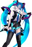  1girl alternate_costume bangs black_skirt black_vest blue_eyes blue_hair blue_neckwear covered_mouth goma_irasuto hatsune_miku headphones highres long_hair looking_down necktie open_hands shirt_tucked_in skirt solo thigh-highs twintails very_long_hair vest vocaloid white_background 