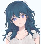  1girl artist_name blue_eyes blue_hair byleth_(fire_emblem) byleth_eisner_(female) commentary fire_emblem fire_emblem:_three_houses highres light_smile long_hair looking_at_viewer portrait see-through_shirt shimizu_akina shirt simple_background smile solo twitter_username white_background white_shirt 