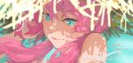  1girl arknights artist_name bare_shoulders blue_eyes blue_poison_(arknights) blurry blurry_background blurry_foreground close-up dated depth_of_field eyelashes hand_in_hair hat highres pink_hair portrait shadow solo straw_hat twintails xilmo 