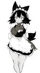  1girl absurdres animal_ear_fluff animal_ears apron bangs bare_legs breasts collar ddari dress embarrassed feet_out_of_frame frilled_apron frills greyscale hair_ornament hair_ribbon hand_up highres holding holding_clothes holding_dress looking_at_viewer maid maid_headdress medium_breasts medium_hair monochrome original paws ribbon short_sleeves simple_background solo sweatdrop tail thighs wavy_mouth white_background wolf_ears wolf_girl wolf_tail 
