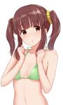 1girl :o bangs bare_arms bare_shoulders bikini blunt_bangs blush breasts brown_eyes brown_hair clenched_hands collarbone commentary eyebrows_visible_through_hair green_bikini hair_ornament hair_scrunchie halter_top halterneck hands_up head_tilt idolmaster idolmaster_cinderella_girls long_hair looking_at_viewer medium_breasts navel ogata_chieri parted_lips scrunchie sidelocks simple_background solo stomach string_bikini sweatdrop swimsuit tomajiyama twintails under_boob upper_body white_background yellow_scrunchie 