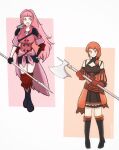  2giirls :d axe breasts cosplay costume_switch fire_emblem fire_emblem:_three_houses full_body highres hilda_valentine_goneril holding holding_axe holding_spear holding_weapon large_breasts leonie_pinelli long_hair mumemo1443 open_mouth orange_eyes orange_hair pink_eyes pink_hair polearm short_shorts shorts smile spear weapon white_background 