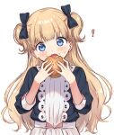  ! 1girl :o black_bow black_shirt blonde_hair blush bow commentary_request eating emilyko food food_on_face hair_bow hands_up head_tilt highres holding holding_food long_hair long_sleeves looking_at_viewer open_mouth otou_mamayo puffy_long_sleeves puffy_sleeves shadows_house shirt simple_background skirt solo two_side_up upper_teeth very_long_hair white_background white_skirt 