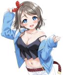  1girl :d arm_up bangs belt blue_eyes blue_jacket blush brown_hair camisole collarbone commentary_request cowboy_shot eyebrows_visible_through_hair hair_ribbon jacket long_sleeves looking_at_viewer love_live! love_live!_sunshine!! navel off_shoulder open_clothes open_jacket open_mouth red_ribbon ribbon round_teeth sankuro_(agoitei) short_hair simple_background single_bare_shoulder sleeves_past_wrists smile solo stomach strap_slip swept_bangs teeth upper_teeth watanabe_you white_background 