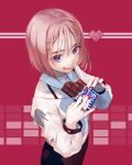  1girl bangs bob_cut chocolate collared_shirt food hair_ornament hairclip heart highres jewelry long_sleeves okeno_kamoku original pink_hair red_background red_nails ring shirt short_hair signature solo upper_body valentine violet_eyes white_shirt 