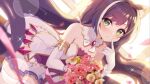  1girl animal_ear_fluff animal_ears bangs bare_shoulders bent_over black_hair blurry blurry_background blush bouquet breasts brooch cat_ears closed_mouth commentary_request depth_of_field dutch_angle elbow_gloves eyebrows_visible_through_hair flower frilled_skirt frills gloves green_eyes hasu_(velicia) highres jewelry karyl_(princess_connect!) looking_at_viewer low_twintails multicolored_hair petals pink_flower pink_rose pleated_skirt princess_connect! princess_connect!_re:dive rose skirt small_breasts solo streaked_hair thigh-highs twintails white_flower white_gloves white_hair white_legwear white_skirt window 