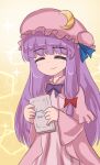  book bow breasts closed_eyes dress hair_ornament hair_ribbon happy hat highres mob_cap moon_(ornament) namiki_(remiter00) patchouli_knowledge pink_headwear purple_dress purple_hair ribbon smile touhou 