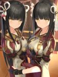  2girls bangs black_gloves black_hair blunt_bangs blush breasts closed_mouth eyebrows_visible_through_hair fewer_digits gloves hair_ornament highres hinoa japanese_clothes looking_at_viewer minoto monster_hunter_(series) monster_hunter_rise multiple_girls pointy_ears siblings sidelocks sisters smile twins yellow_eyes zukan_(db_tyoutyo) 