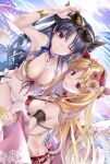 2girls akatsuki_hijiri alternate_costume arched_back arm_up armpits bangs bikini black_hair black_ribbon blonde_hair breasts choker closed_mouth collarbone commentary_request cowboy_shot dutch_angle ereshkigal_(fate) eyebrows_visible_through_hair eyewear_on_head fate/grand_order fate_(series) flower frilled_bikini frills hair_flower hair_ornament hair_ribbon highres ishtar_(fate) ishtar_(fate)_(all) jewelry large_breasts leaning_forward lens_flare long_hair looking_at_viewer looking_to_the_side multiple_girls necklace one_eye_closed open_mouth red_eyes red_ribbon ribbon shiny shiny_hair side-tie_bikini sideboob signature sitting swimsuit twintails 