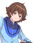  1boy bangs blue_jacket brown_eyes brown_hair closed_mouth cowlick hair_between_eyes hilbert_(pokemon) jacket long_sleeves male_focus p_(flavorppp) pokemon pokemon_(game) pokemon_bw simple_background sketch smile solo symbol_commentary white_background zipper_pull_tab 