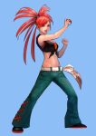  1girl absurdres arm_up bangs bare_arms bare_shoulders belt blue_background cirenk commission crop_top cropped_shirt denim flannery_(pokemon) gym_leader hand_up highres holding holding_poke_ball impossible_hair jeans lips long_hair looking_at_viewer midriff navel open_mouth pants parted_bangs poke_ball poke_ball_(basic) pokemon pokemon_(game) pokemon_oras pose red_eyes redhead shirt shoes simple_background sleeveless sleeveless_shirt smile solo stomach tied_shirt v-shaped_eyebrows 
