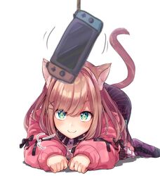  +_+ 1girl all_fours animal_ears bangs black_neckwear black_skirt bow bowtie brown_hair cat_ears cat_tail commentary_request green_eyes highres jacket kemonomimi_mode muzi_folder nijisanji nintendo nintendo_switch paw_pose pink_jacket simple_background skirt solo suzuhara_lulu tail virtual_youtuber white_background 