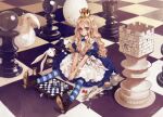  1girl alice_(wonderland) alice_in_wonderland blonde_hair blue_eyes board_game boots card chess chess_piece crown cup dice dress egg fork hat highres hourglass knife long_hair looking_at_viewer lying_card oversized_object oyari_ashito playing_card pocket_watch queen rabbit redrawn sitting solo spoon striped striped_legwear sugar_bowl sugar_cube tea teacup thigh-highs watch white_rabbit 
