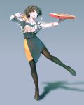  1girl black_footwear black_legwear bob_cut brown_hair cheese_trail eating food grey_background highres holding holding_food holding_pizza long_sleeves okeno_kamoku original pantyhose parted_lips pizza pizza_box pizza_slice shadow shirt shoes short_hair signature skirt smile solo striped striped_shirt white_shirt yellow_eyes 