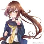  1girl blue_jacket brown_eyes brown_hair crescent crescent_pin fumizuki_(kancolle) jacket kantai_collection long_hair long_sleeves mizoredama1 neckerchief ponytail remodel_(kantai_collection) shirt solo upper_body very_long_hair white_shirt yellow_neckwear 