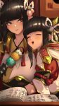  2girls bangs black_hair blunt_bangs blush book dango eyeshadow food hair_ornament highres hinoa kashu_(hizake) light_blush long_hair makeup minoto monster_hunter_(series) monster_hunter_rise multiple_girls pointy_ears red_eyeshadow siblings sisters smile twins wagashi yellow_eyes 