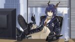  1girl arknights black_gloves blue_hair ch&#039;en_(arknights) chair coffee_mug crossed_legs cup desk dragon_horns feet_on_table gloves highres horns low_twintails monitor mug necktie office_chair pen sentou_kouhei_kitsune twintails window 