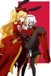  2girls anne_bonny_(fate) bangs bare_shoulders blonde_hair blush breasts carrying fate/grand_order fate_(series) hat highres large_breasts long_hair mary_read_(fate) multiple_girls oiun pirate pirate_hat princess_carry scar scar_on_face short_hair small_breasts smile very_long_hair white_hair 