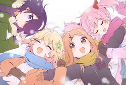  4girls ahoge bafarin black_hair black_jacket blonde_hair blue_scarf brown_gloves brown_hair closed_eyes coat flower fur-trimmed_jacket fur_trim gabriel_dropout gloves green_flower green_jacket hair_flower hair_ornament hair_over_one_eye hairband happy highres hood hoodie jacket kurona_mei looking_at_viewer medium_hair multiple_girls open_mouth pink_hair pink_scarf sakuraba_kana scarf shinohara_chiaki shirt snow snowing tapris_chisaki_sugarbell tapris_sugar_step white_background winter winter_clothes winter_coat x_hair_ornament yellow_scarf 