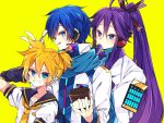  3boys :p arm_warmers armor bass_clef black_collar black_sleeves blue_eyes blue_hair blue_scarf coat collar collared_shirt commentary cup grin hair_ornament hair_stick hand_in_hair hand_up headphones headset holding holding_cup holding_spoon ice_cream_cup japanese_clothes kagamine_len kaho_0102 kaito kaito_(vocaloid3) kamui_gakupo long_hair looking_at_viewer male_focus multiple_boys ponytail purple_hair sailor_collar scarf school_uniform shirt short_ponytail short_sleeves shoulder_armor sideways_glance smile spiky_hair spoon tongue tongue_out v-shaped_eyebrows very_long_hair vocaloid w white_coat white_robe white_shirt yellow_background 