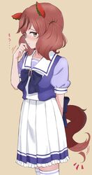  1girl afterimage animal_ears bangs black_bow blue_shirt blush bow brown_background brown_eyes brown_hair frilled_skirt frills hand_up horse_ears horse_girl horse_tail looking_at_viewer multicolored_hair nice_nature_(umamusume) parted_lips pleated_skirt puffy_short_sleeves puffy_sleeves school_uniform shibasaki_shouji shirt short_sleeves simple_background skirt solo streaked_hair tail tail_wagging thigh-highs tracen_school_uniform translation_request umamusume white_legwear white_skirt 