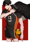 1boy ball bangs black_hair blue_eyes border haikyuu!! highres holding holding_ball jacket jacket_on_shoulders kageyama_tobio looking_at_viewer male_focus profile red_background short_hair simple_background solo sportswear standing tatami06 volleyball_uniform 